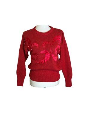 Vintage Beaded Bramble Lane Red Sweater Silk Nylon Angora -  Size Small